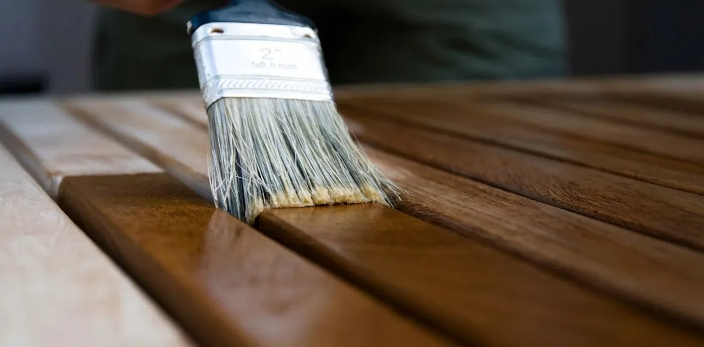 Pinceau appliquant une teinture chaude sur des lattes de bois, gros plan — Teinture Bois'Elle